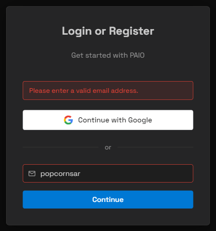 이메일 형식 오류 — Please enter a valid email address. 가 카드 위쪽에 표시된 상태