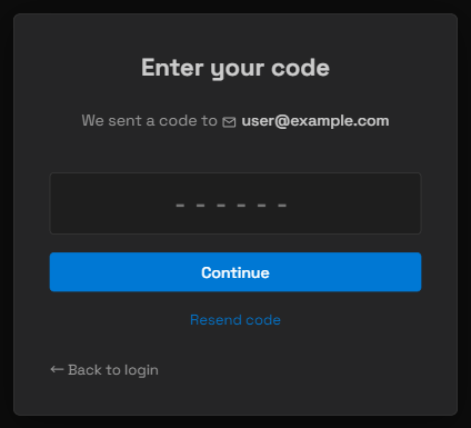 Enter your code 화면 — 코드를 보낸 주소, 6자리 입력란, Continue, Resend code, Back to login