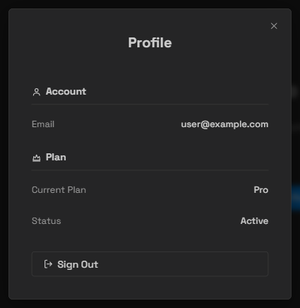 Profile 화면 — Account 의 Email, Plan 의 Current Plan · Status, 그리고 Sign Out 버튼