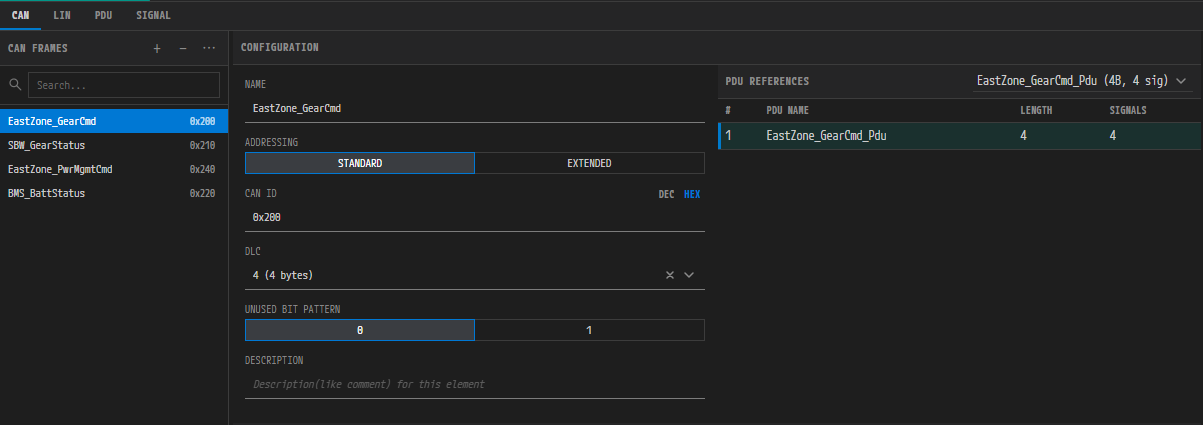 CAN 프레임 Configuration 폼과 PDU References 그리드