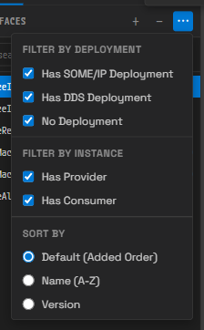 Sort &amp; Filter 팝오버 — Filter by deployment, Filter by instance, Sort by 세 묶음