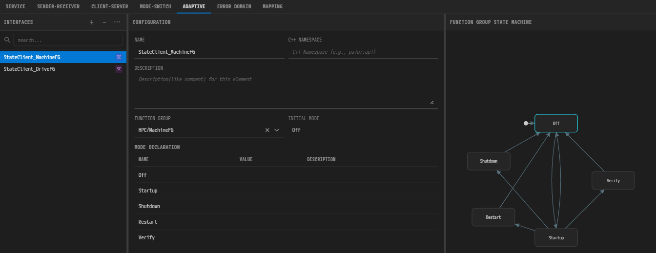 Adaptive 탭 — 배지가 붙은 인터페이스 목록과 오른쪽 FUNCTION GROUP STATE MACHINE