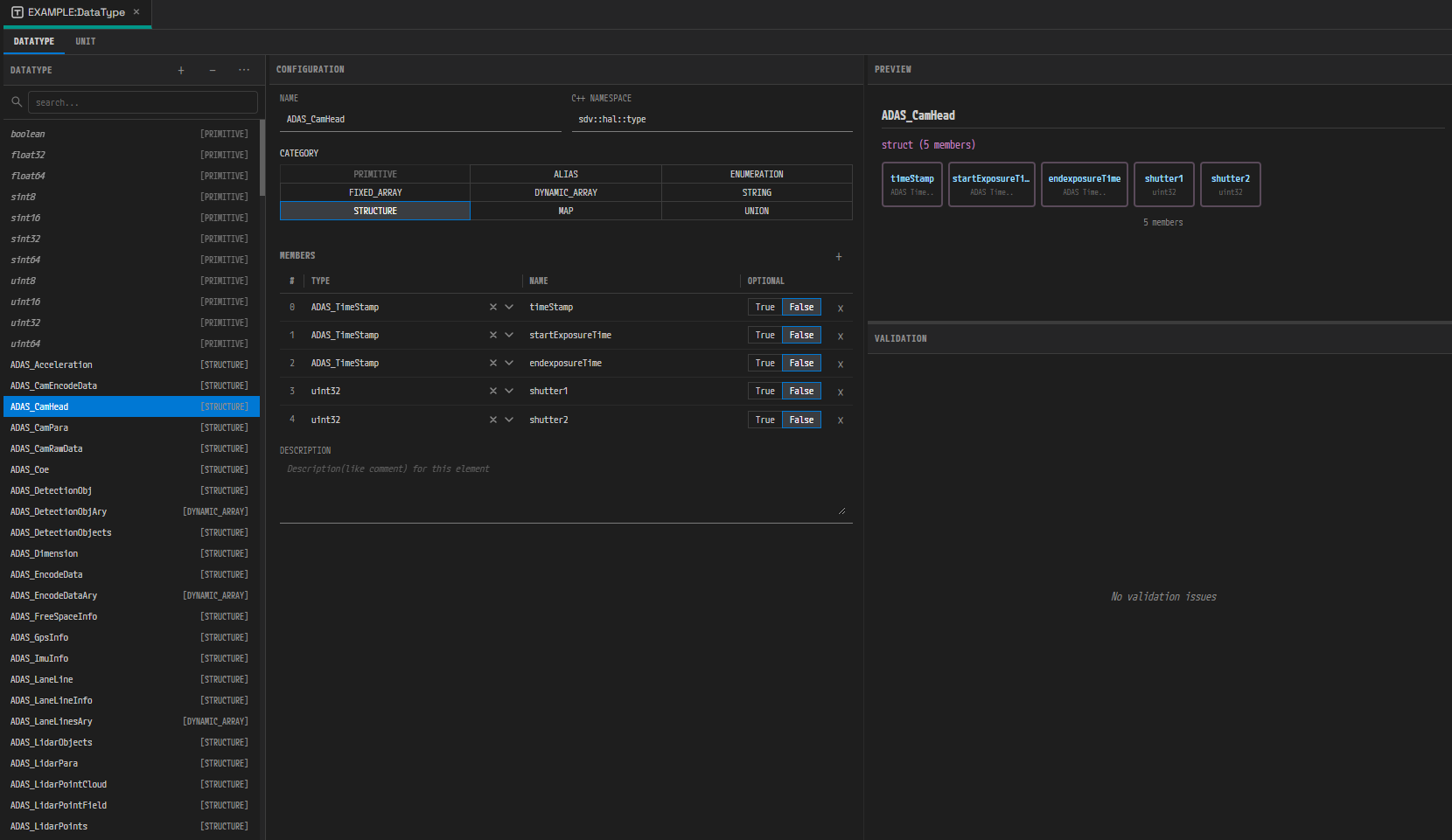 DataType 탭 — 목록 · Configuration + MEMBERS 표 · Preview · Validation 네 영역