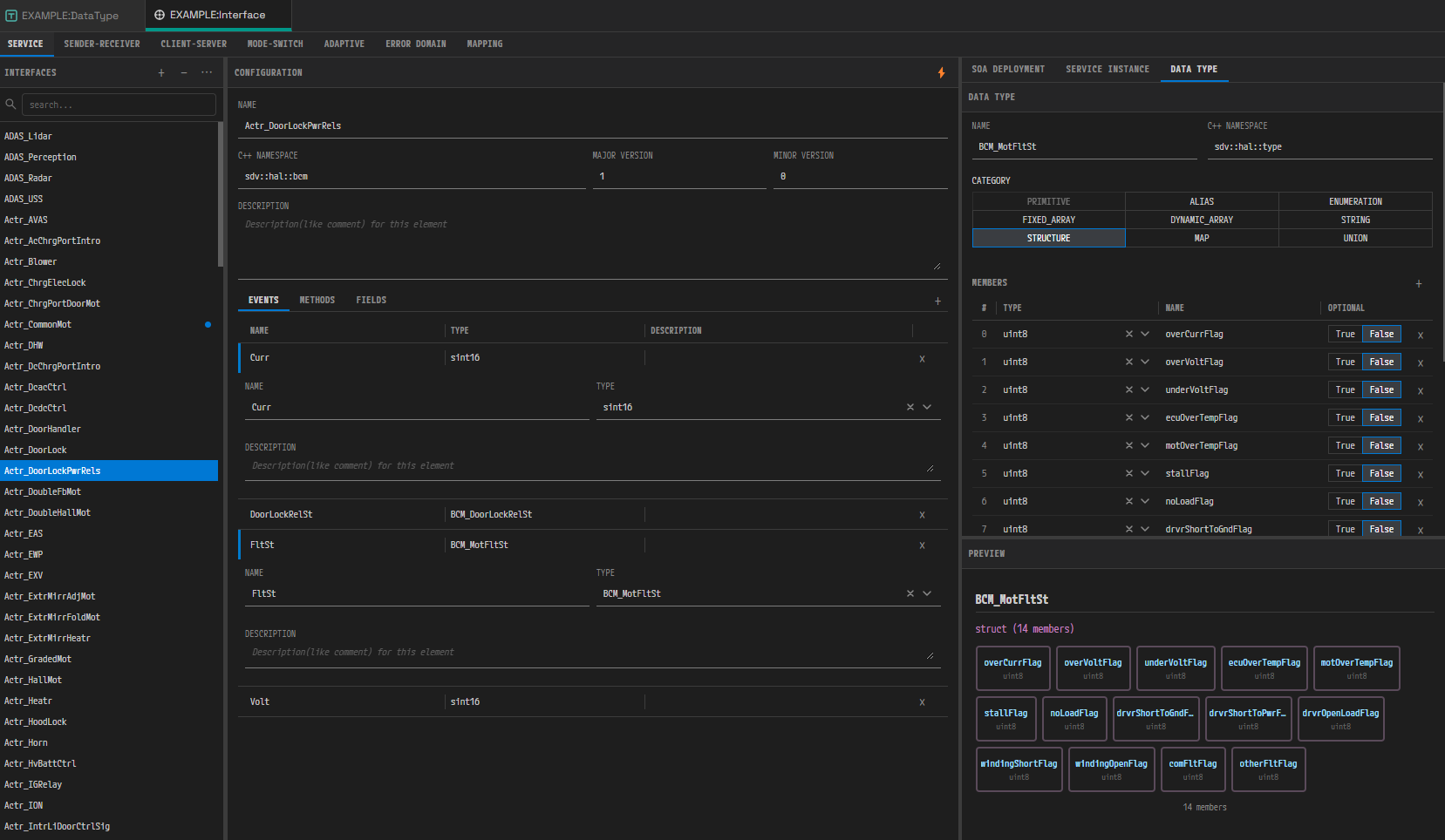 Interface 에디터 오른쪽 패널에 축소 모드로 들어간 DataType 편집기 — DATA TYPE 과 PREVIEW 두 영역만 남는다