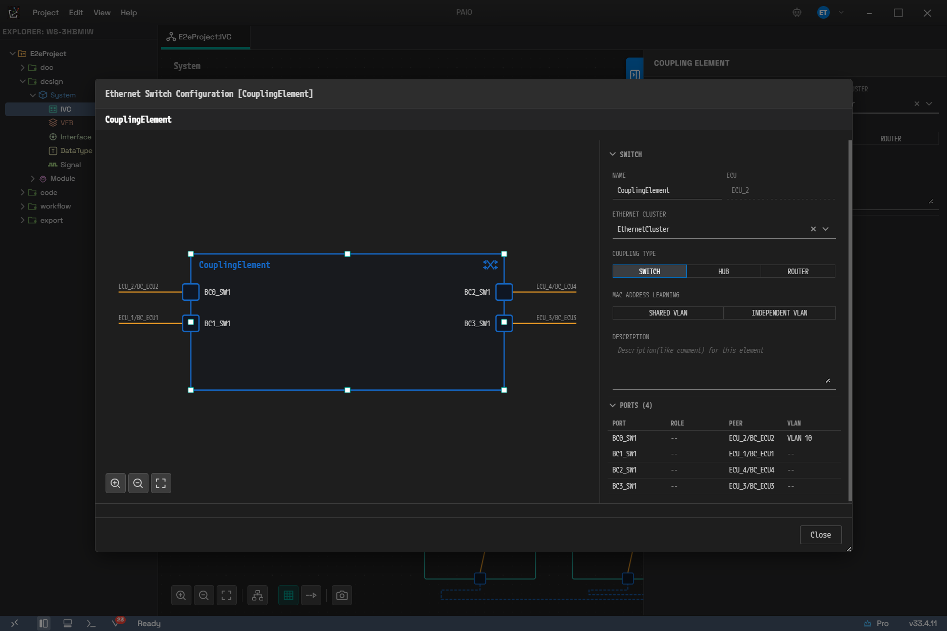 Ethernet Switch Configuration 다이얼로그의 SWITCH 페이스플레이트