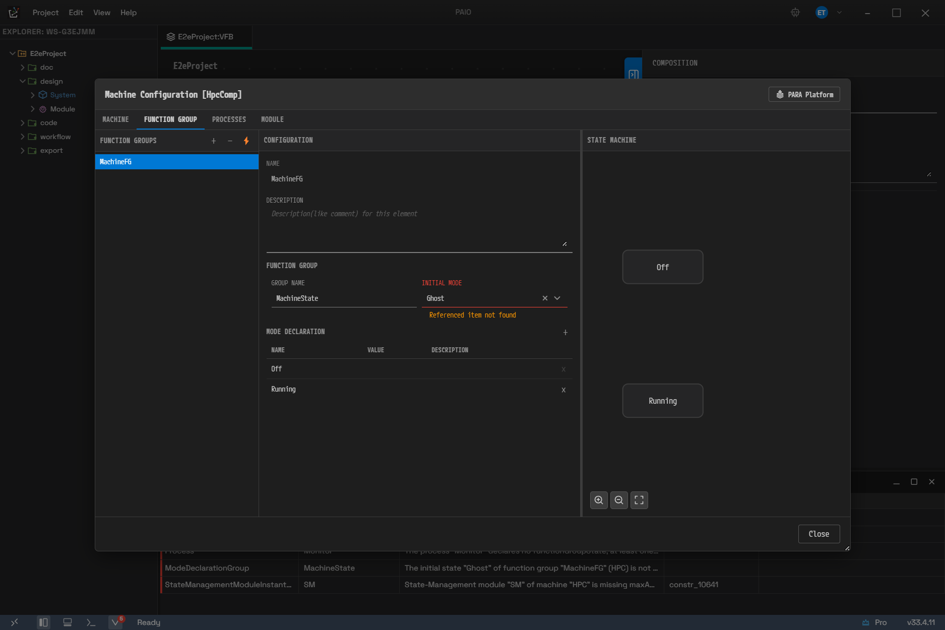 Machine Configuration 다이얼로그에서 Initial Mode 가 빨갛게 표시된 모습