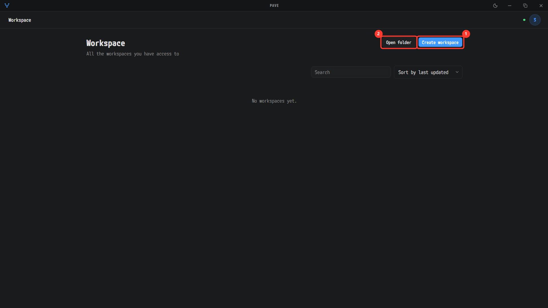 Workspace 画面 — Create workspace と Open folder