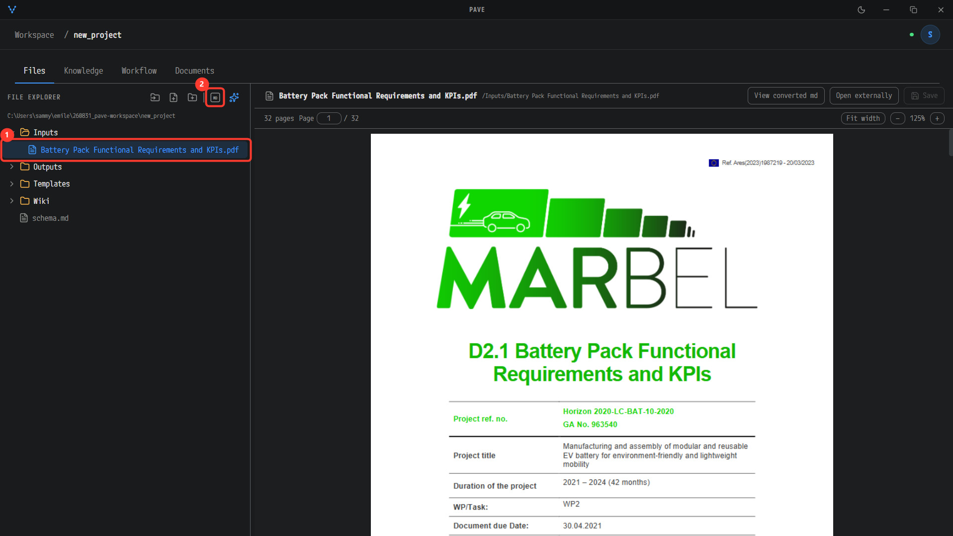 Inputs に入った PDF と Convert to Markdown アイコン