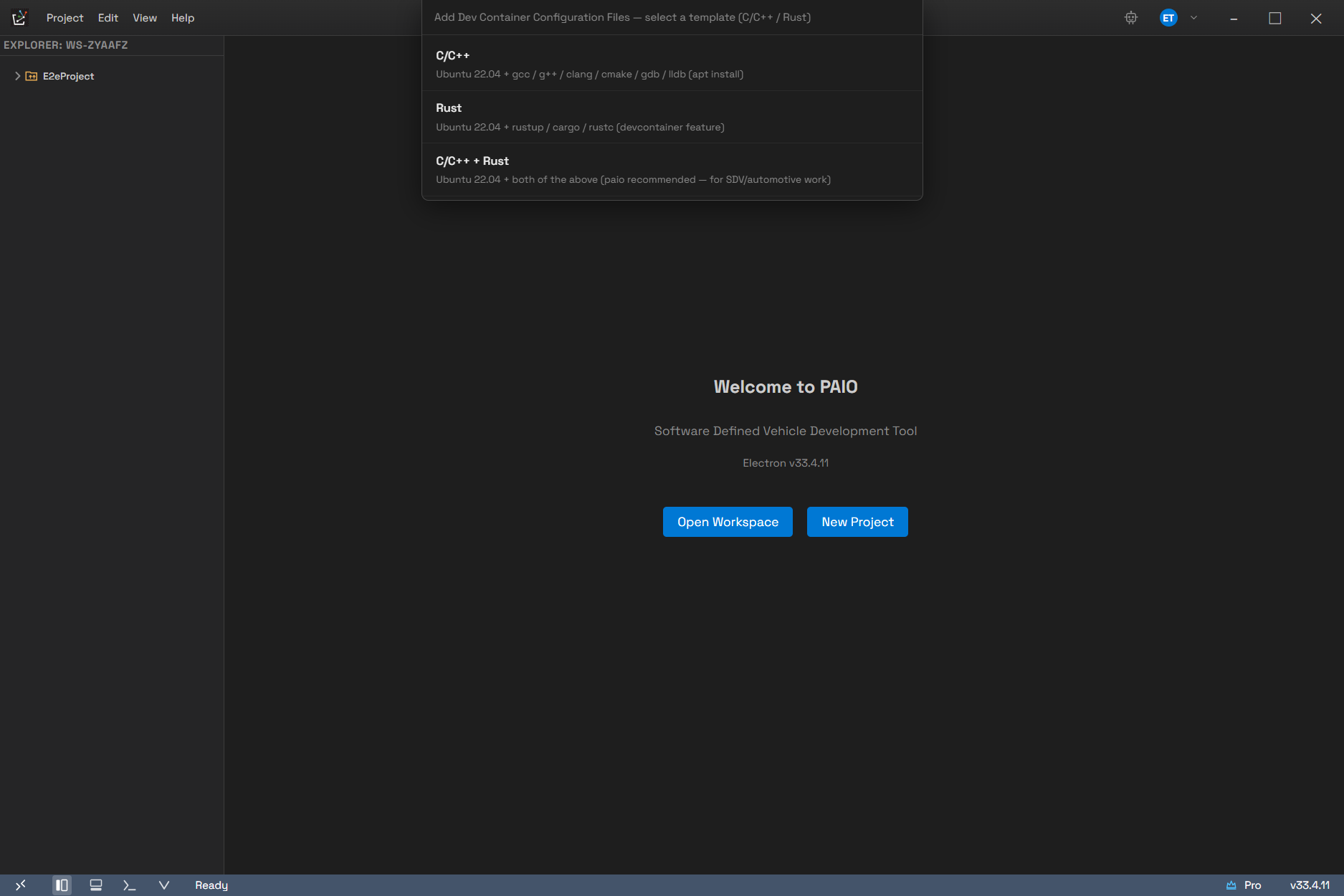 Dev Container 설정 파일 마법사의 템플릿 선택 목록